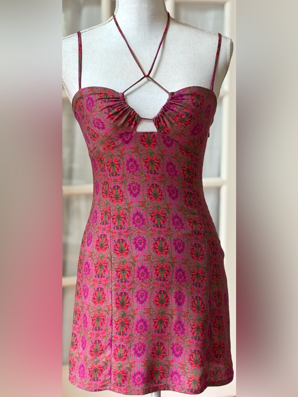 Tigerlily Eliza Olive Mini Dress Pink Tile Print Cutout AU8 US2